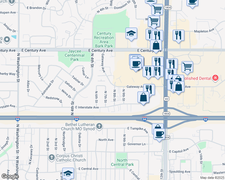 map of restaurants, bars, coffee shops, grocery stores, and more near 2520 North 8th Street in Bismarck