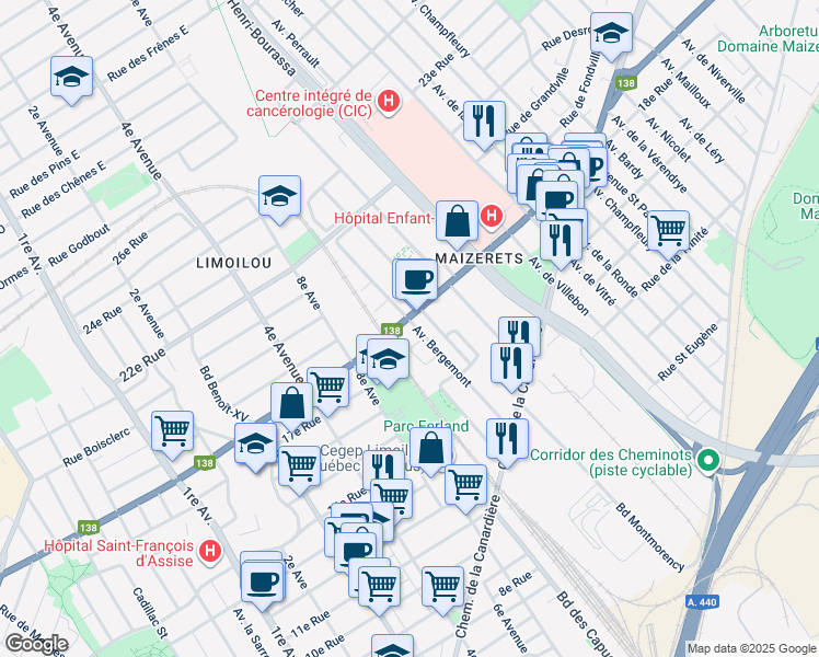 map of restaurants, bars, coffee shops, grocery stores, and more near 1791 Avenue Bergemont in Québec