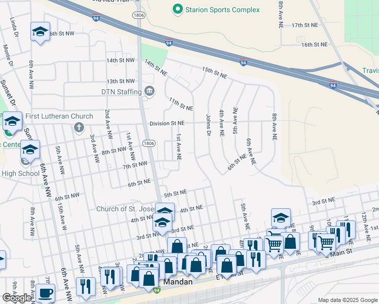 map of restaurants, bars, coffee shops, grocery stores, and more near 801-899 3rd Avenue Northeast in Mandan