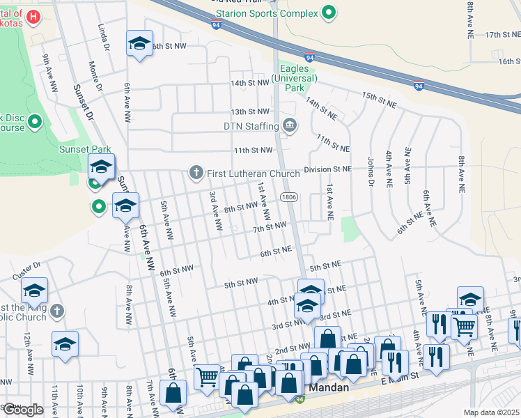map of restaurants, bars, coffee shops, grocery stores, and more near 206 8th Street Northwest in Mandan