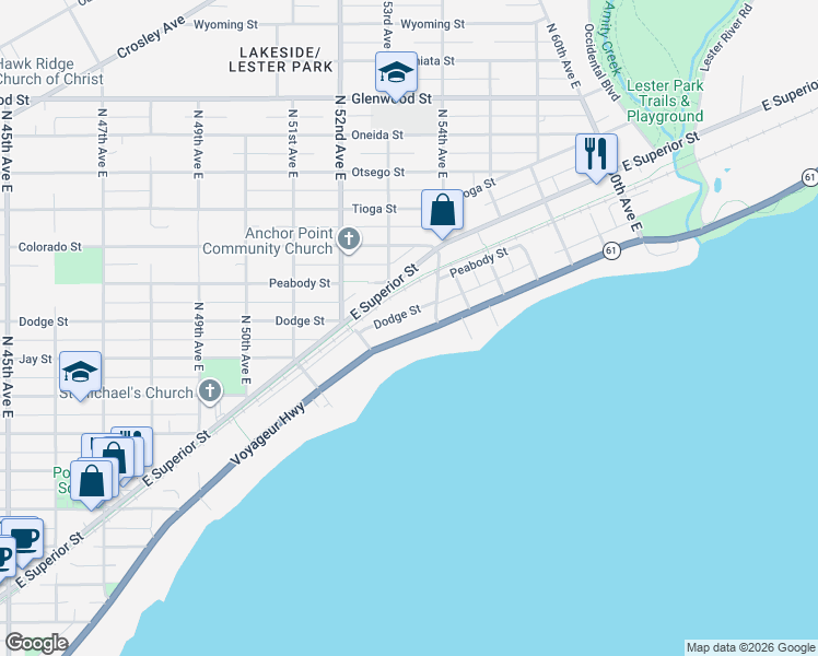 map of restaurants, bars, coffee shops, grocery stores, and more near 5225 Dodge Street in Duluth