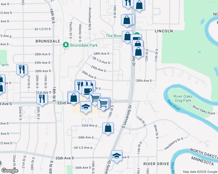 map of restaurants, bars, coffee shops, grocery stores, and more near 1502 30th Avenue South in Fargo