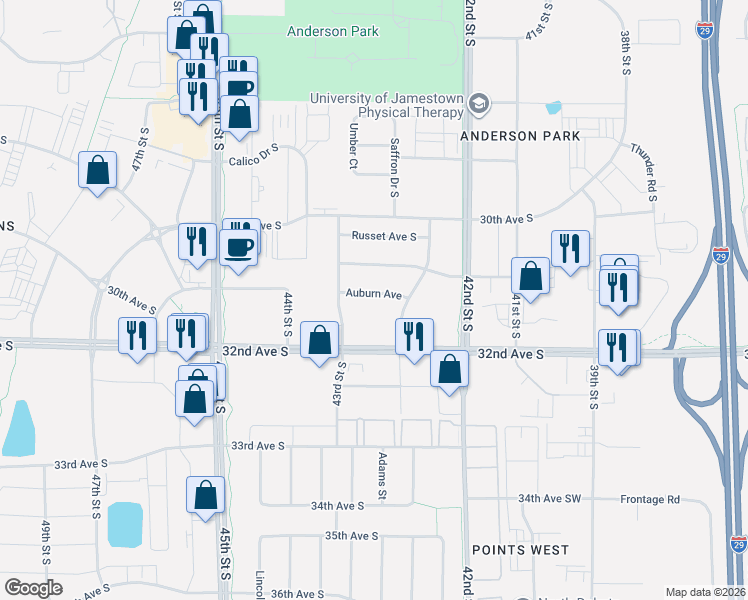 map of restaurants, bars, coffee shops, grocery stores, and more near 4267 Auburn Avenue in Fargo
