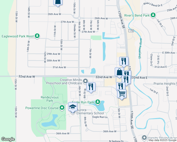map of restaurants, bars, coffee shops, grocery stores, and more near 715 31st Avenue West in West Fargo