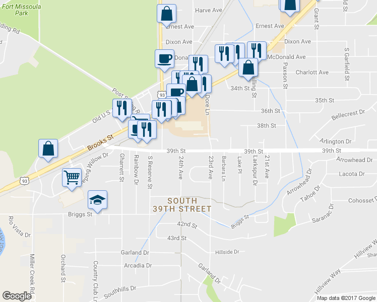 map of restaurants, bars, coffee shops, grocery stores, and more near 2410 39th St in Missoula