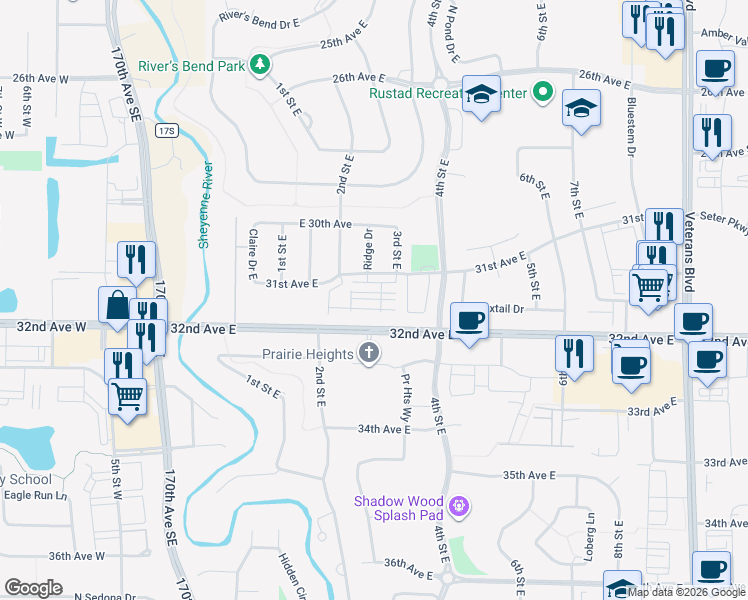 map of restaurants, bars, coffee shops, grocery stores, and more near 263 31st Avenue East in West Fargo