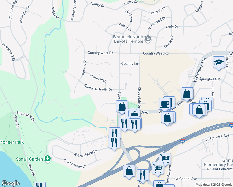 map of restaurants, bars, coffee shops, grocery stores, and more near 2413 Tyler Parkway in Bismarck