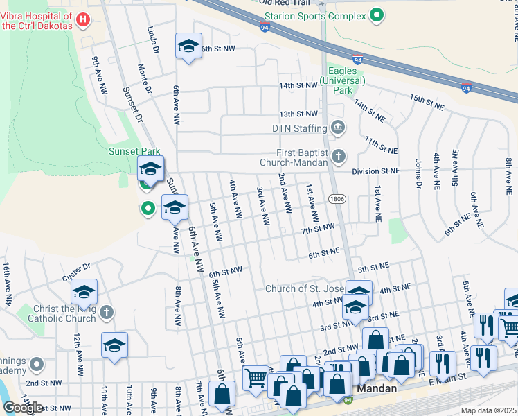 map of restaurants, bars, coffee shops, grocery stores, and more near in Mandan