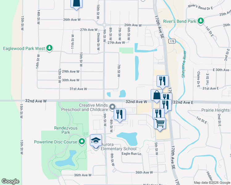 map of restaurants, bars, coffee shops, grocery stores, and more near 639 33rd Ave W in West Fargo