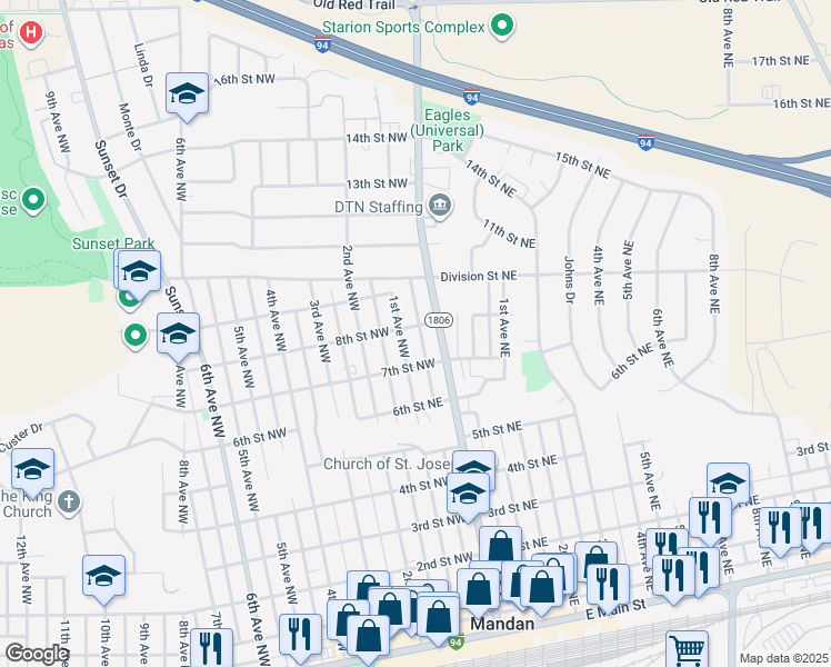 map of restaurants, bars, coffee shops, grocery stores, and more near 105 8th Street Northeast in Mandan
