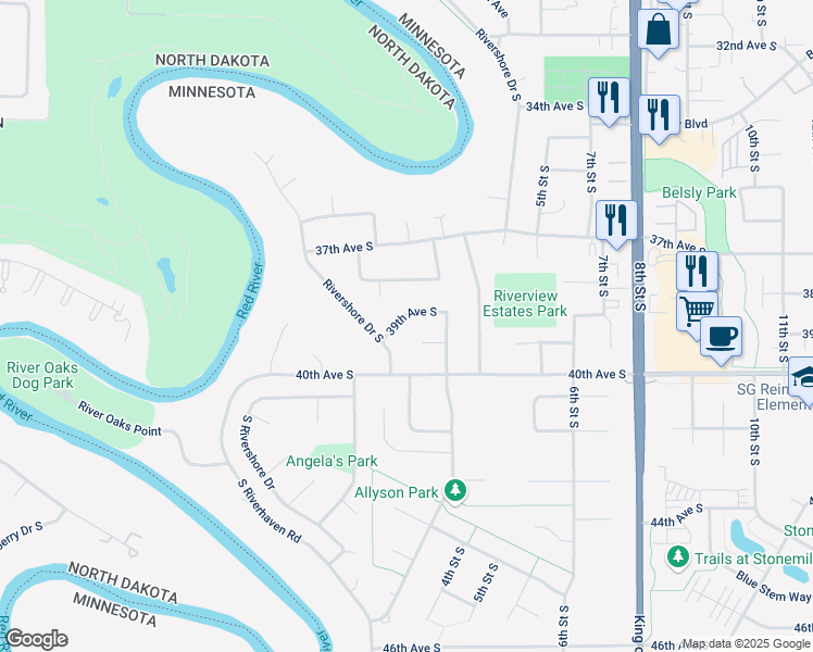 map of restaurants, bars, coffee shops, grocery stores, and more near 109 39th Avenue South in Moorhead
