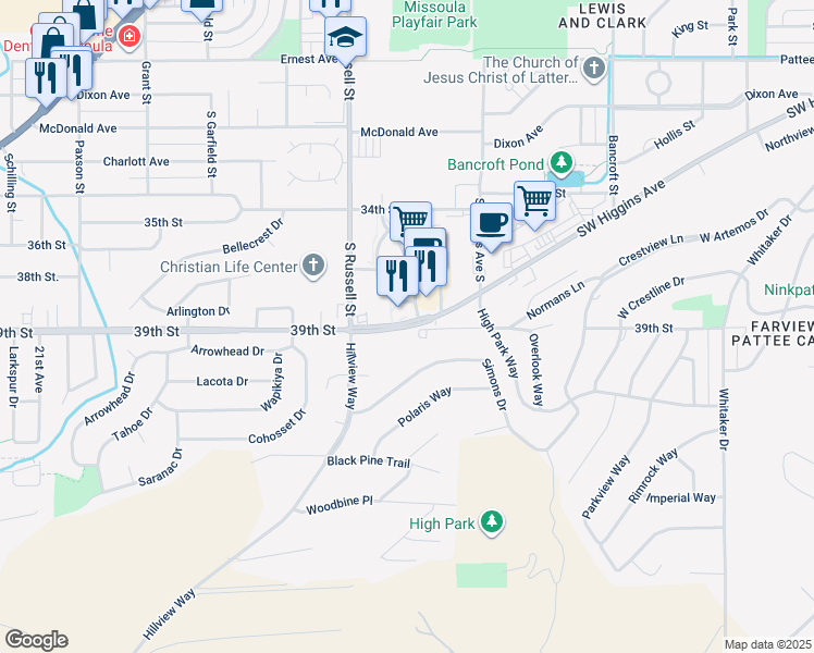 map of restaurants, bars, coffee shops, grocery stores, and more near 1211 Southwest Higgins Avenue in Missoula