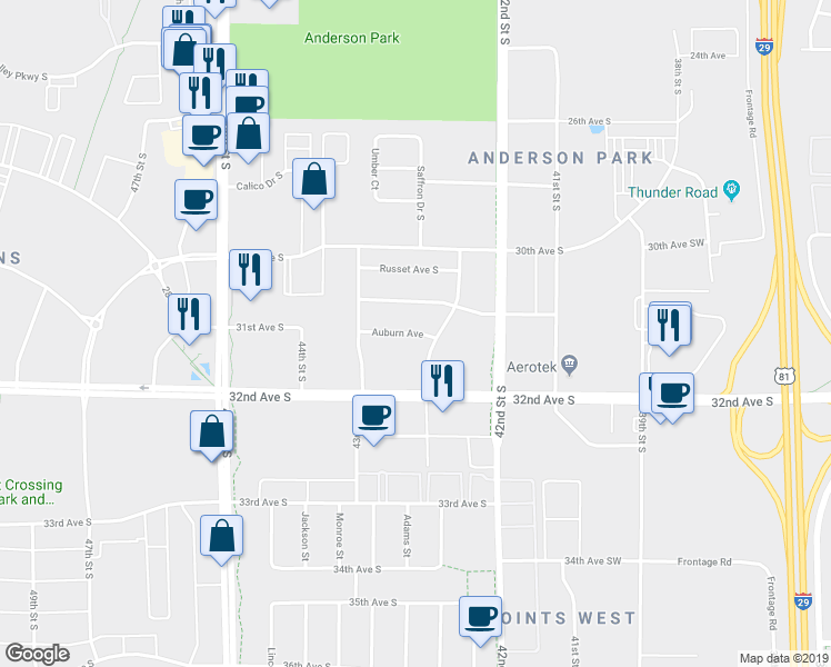 map of restaurants, bars, coffee shops, grocery stores, and more near 4254 Auburn Avenue in Fargo