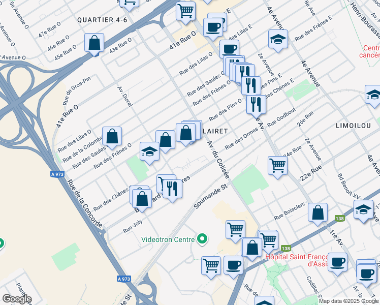 map of restaurants, bars, coffee shops, grocery stores, and more near 131 Rue des Chênes Ouest in Québec