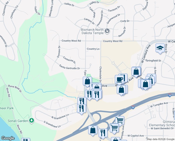 map of restaurants, bars, coffee shops, grocery stores, and more near 2413 Tyler Parkway in Bismarck