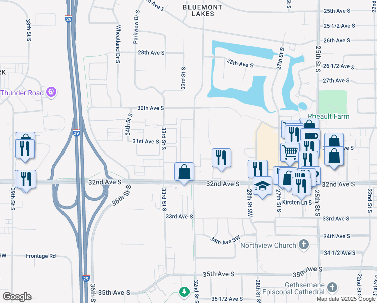 map of restaurants, bars, coffee shops, grocery stores, and more near 3141 32nd Street South in Fargo