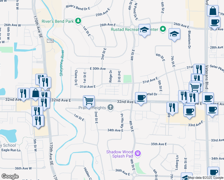 map of restaurants, bars, coffee shops, grocery stores, and more near 263 31st Avenue East in West Fargo