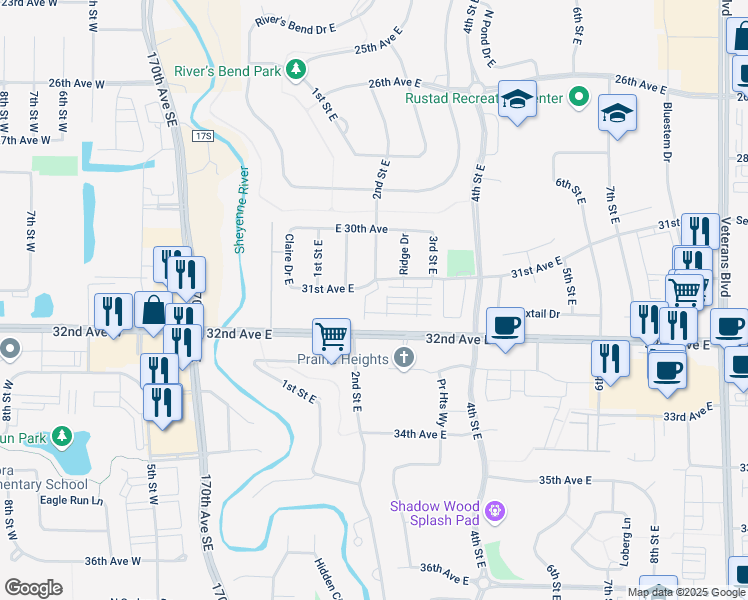 map of restaurants, bars, coffee shops, grocery stores, and more near 247 31st Avenue East in West Fargo