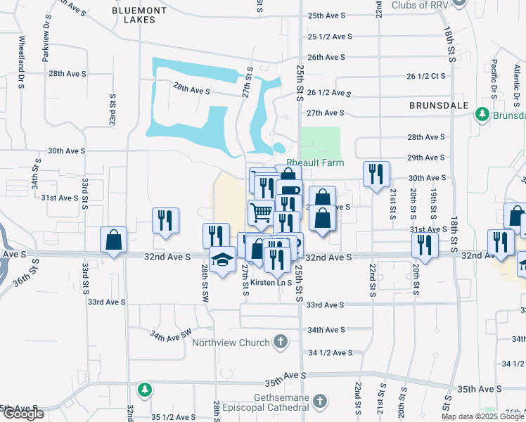 map of restaurants, bars, coffee shops, grocery stores, and more near 3175 25th Street South in Fargo