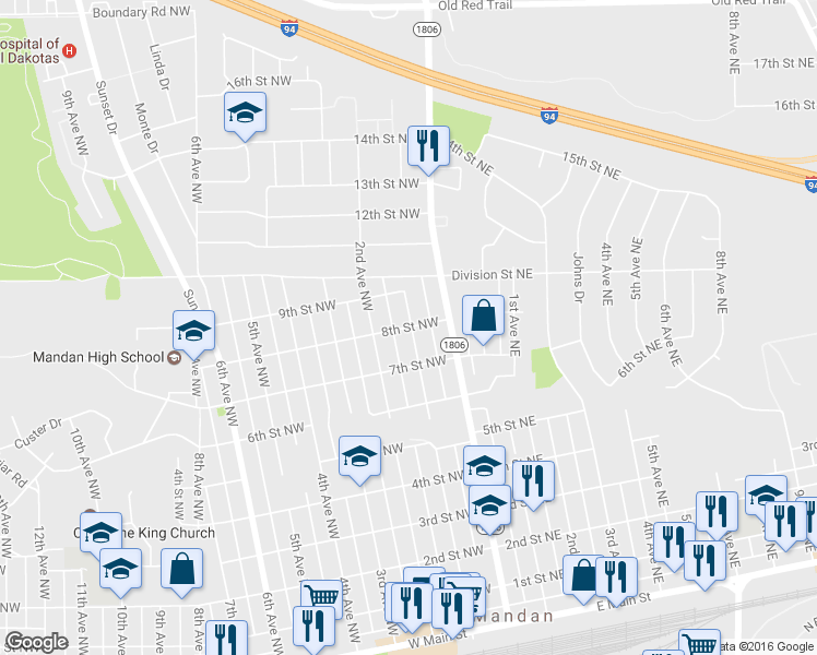 map of restaurants, bars, coffee shops, grocery stores, and more near 206 8th Street Northwest in Mandan