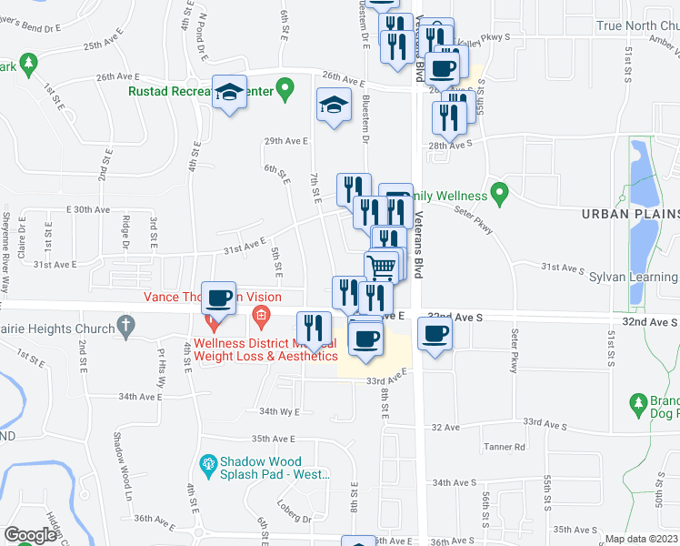 map of restaurants, bars, coffee shops, grocery stores, and more near 3163 7th Street East in Fargo