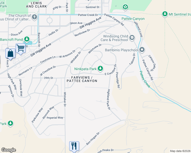 map of restaurants, bars, coffee shops, grocery stores, and more near 228 E Crestline Dr in Missoula