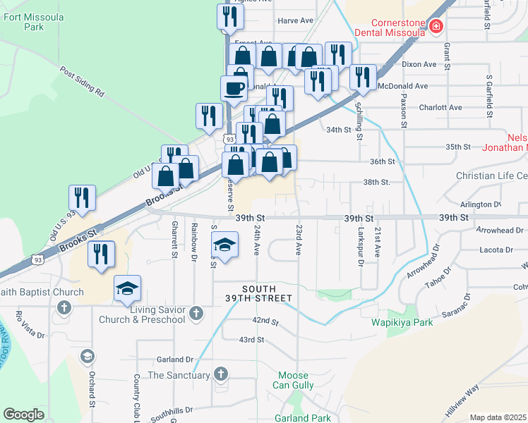 map of restaurants, bars, coffee shops, grocery stores, and more near 2424 39th Street in Missoula