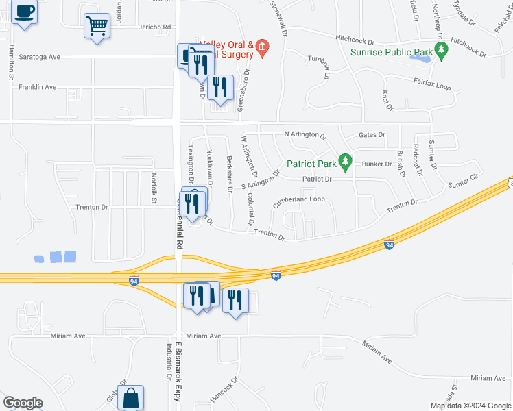 map of restaurants, bars, coffee shops, grocery stores, and more near 2535 Colonial Drive in Bismarck