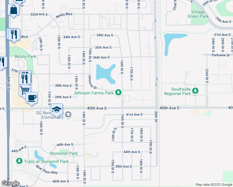 map of restaurants, bars, coffee shops, grocery stores, and more near 1843 Johnson Drive in Moorhead
