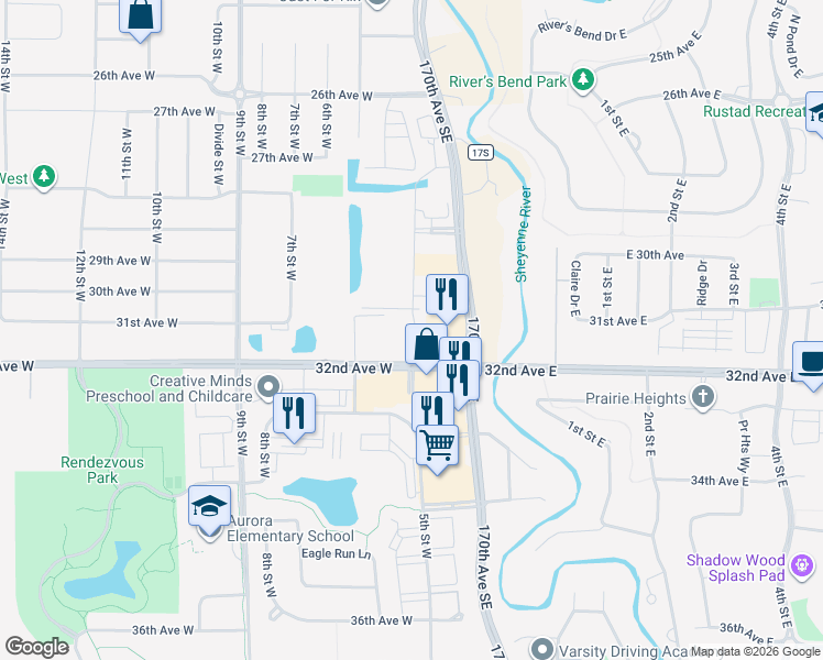 map of restaurants, bars, coffee shops, grocery stores, and more near 3100 Sheyenne Street in West Fargo