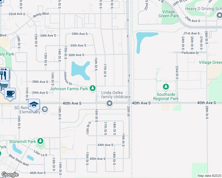 map of restaurants, bars, coffee shops, grocery stores, and more near 1725 Johnson Drive in Moorhead