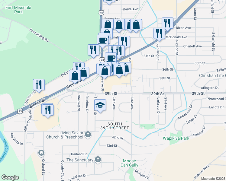 map of restaurants, bars, coffee shops, grocery stores, and more near 2424 39th Street in Missoula