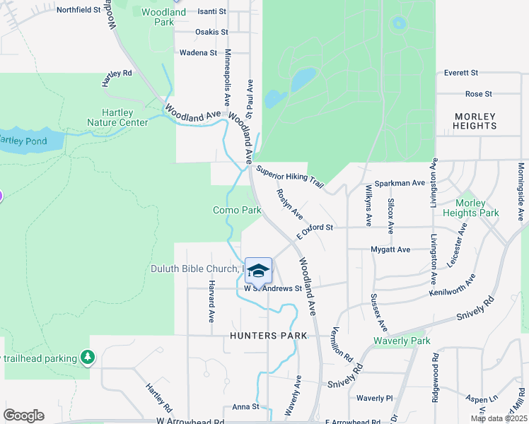 map of restaurants, bars, coffee shops, grocery stores, and more near 2405 Woodland Avenue in Duluth