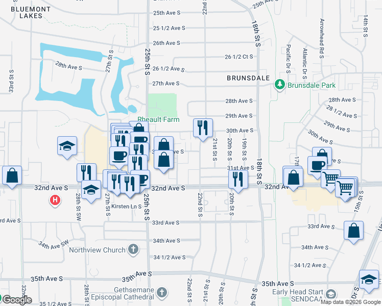 map of restaurants, bars, coffee shops, grocery stores, and more near 2224 30 1/2 Avenue South in Fargo