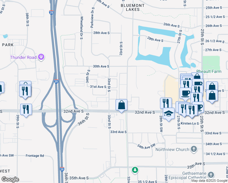 map of restaurants, bars, coffee shops, grocery stores, and more near 3140 33rd Street South in Fargo