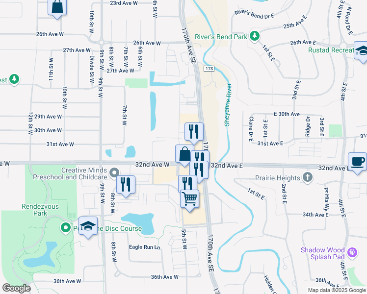 map of restaurants, bars, coffee shops, grocery stores, and more near 300 32nd Avenue West in West Fargo