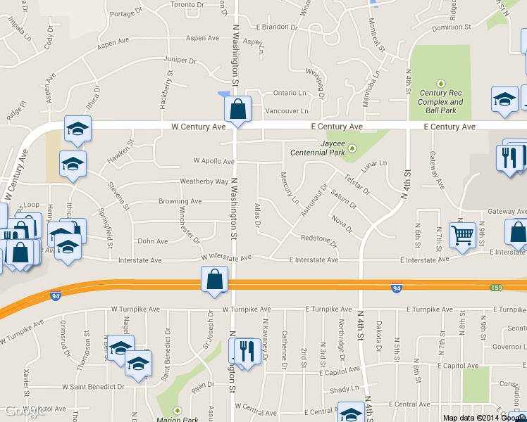 map of restaurants, bars, coffee shops, grocery stores, and more near 2523 Atlas Drive in Bismarck