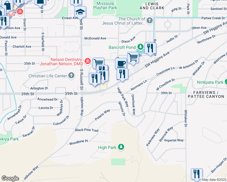 map of restaurants, bars, coffee shops, grocery stores, and more near 1001 Southwest Higgins Avenue in Missoula