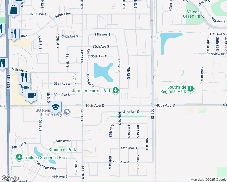 map of restaurants, bars, coffee shops, grocery stores, and more near 1597 Johnson Drive in Moorhead