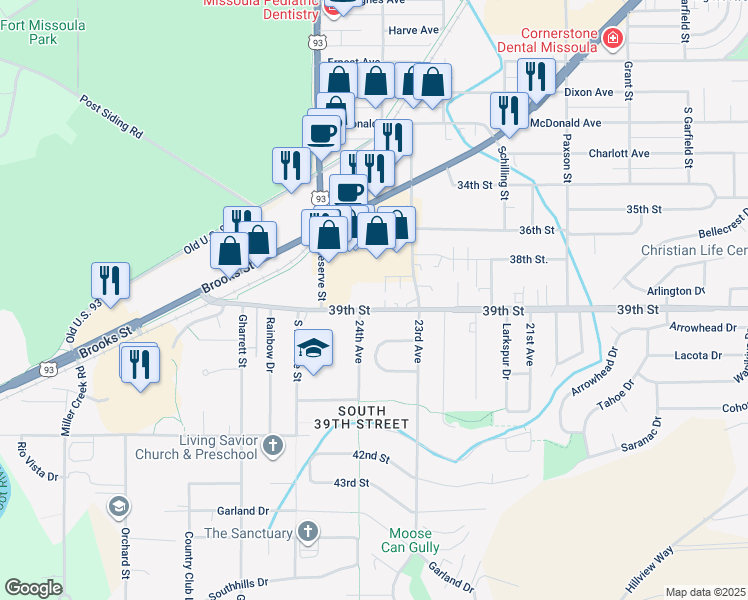 map of restaurants, bars, coffee shops, grocery stores, and more near 2410 39th Street in Missoula