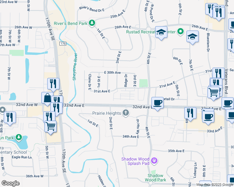 map of restaurants, bars, coffee shops, grocery stores, and more near 227 31st Avenue East in West Fargo