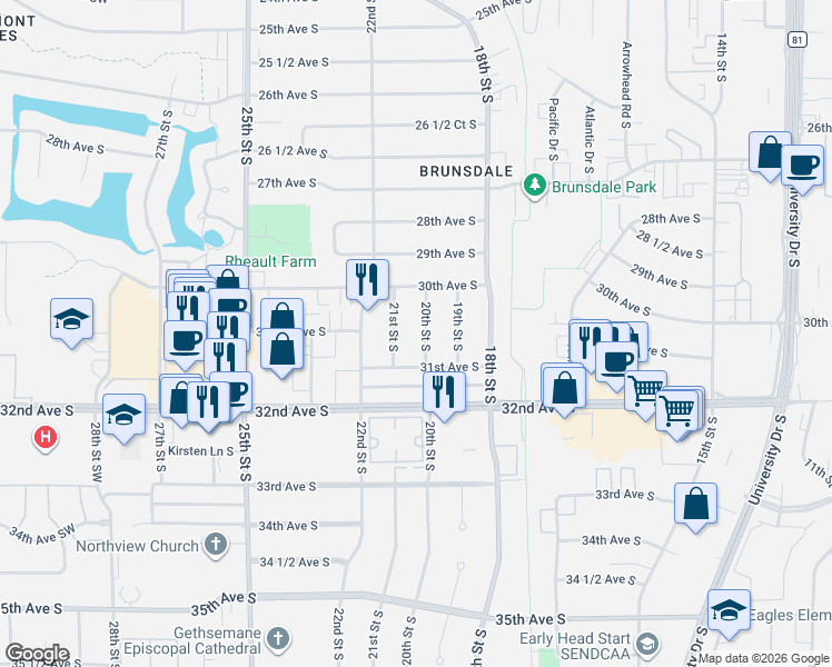 map of restaurants, bars, coffee shops, grocery stores, and more near 3029 20th Street South in Fargo
