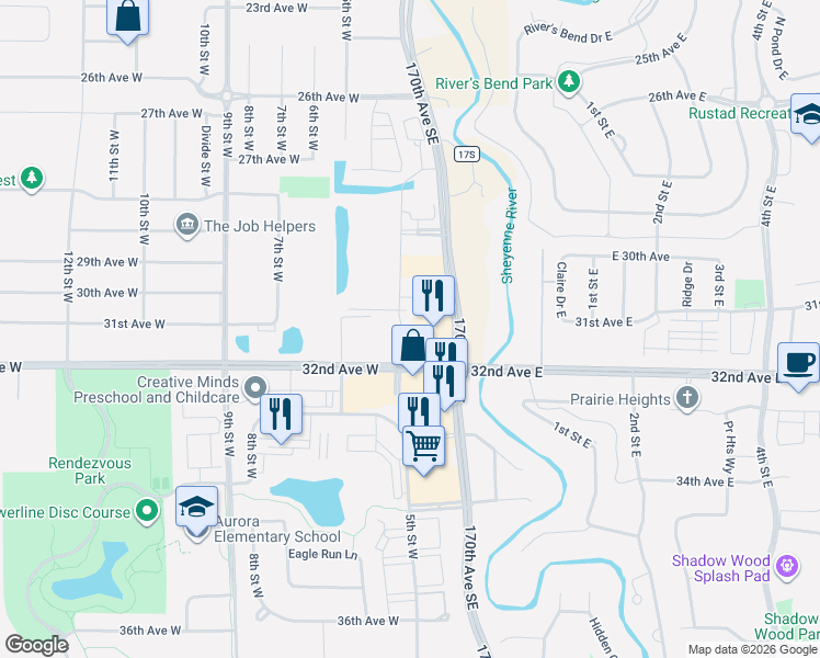 map of restaurants, bars, coffee shops, grocery stores, and more near 300 32nd Avenue West in West Fargo