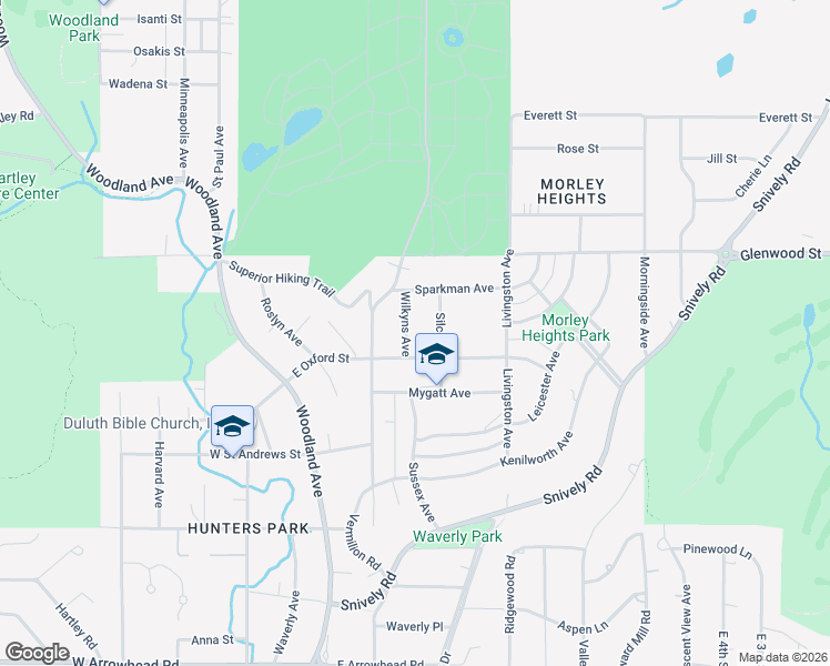 map of restaurants, bars, coffee shops, grocery stores, and more near 2316 Wilkyns Avenue in Duluth
