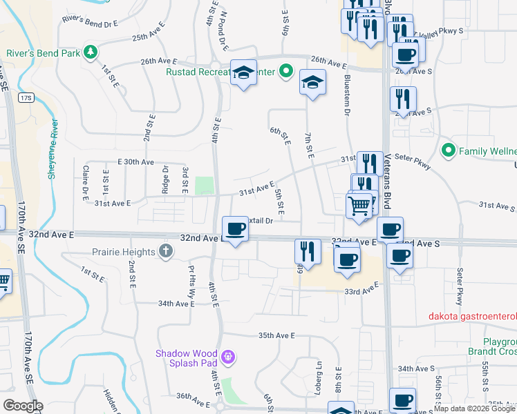 map of restaurants, bars, coffee shops, grocery stores, and more near 439 31st Avenue East in West Fargo