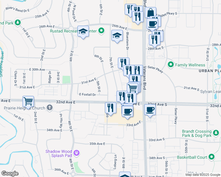 map of restaurants, bars, coffee shops, grocery stores, and more near 3149 6th Street East in West Fargo