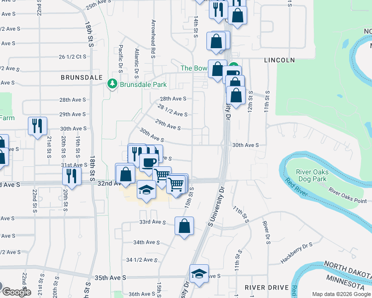 map of restaurants, bars, coffee shops, grocery stores, and more near 1502 30th Avenue South in Fargo