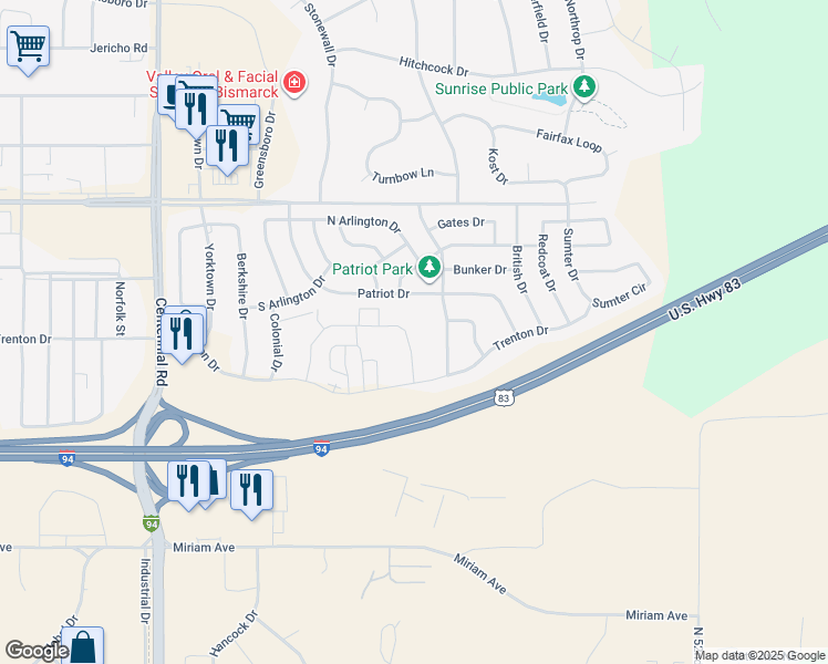 map of restaurants, bars, coffee shops, grocery stores, and more near 4552 Lafayette Drive in Bismarck