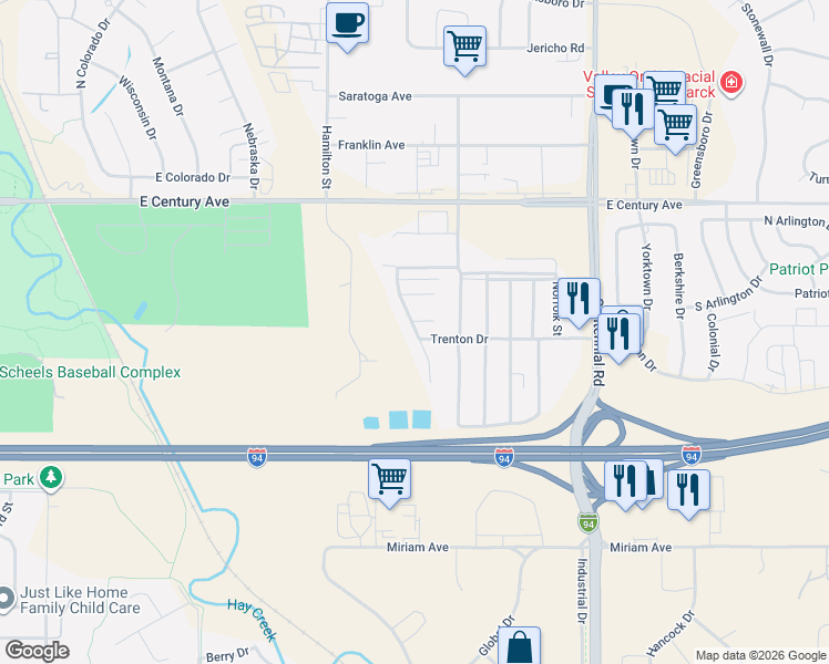 map of restaurants, bars, coffee shops, grocery stores, and more near 2500 Centennial Road in Bismarck