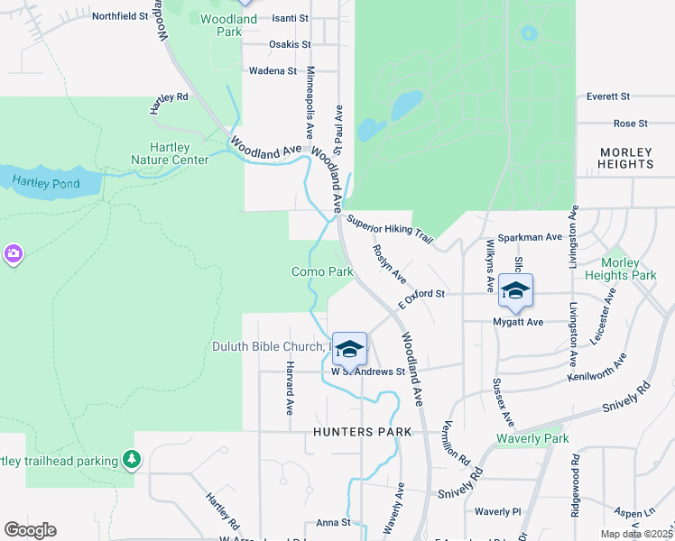 map of restaurants, bars, coffee shops, grocery stores, and more near 2405 Woodland Avenue in Duluth
